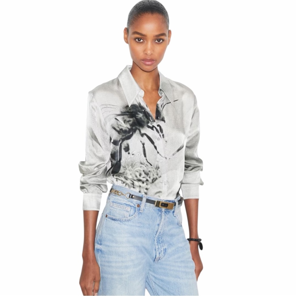NWT Tory Burch Printed Viscose Button Up Top in Gray Bee Size 12